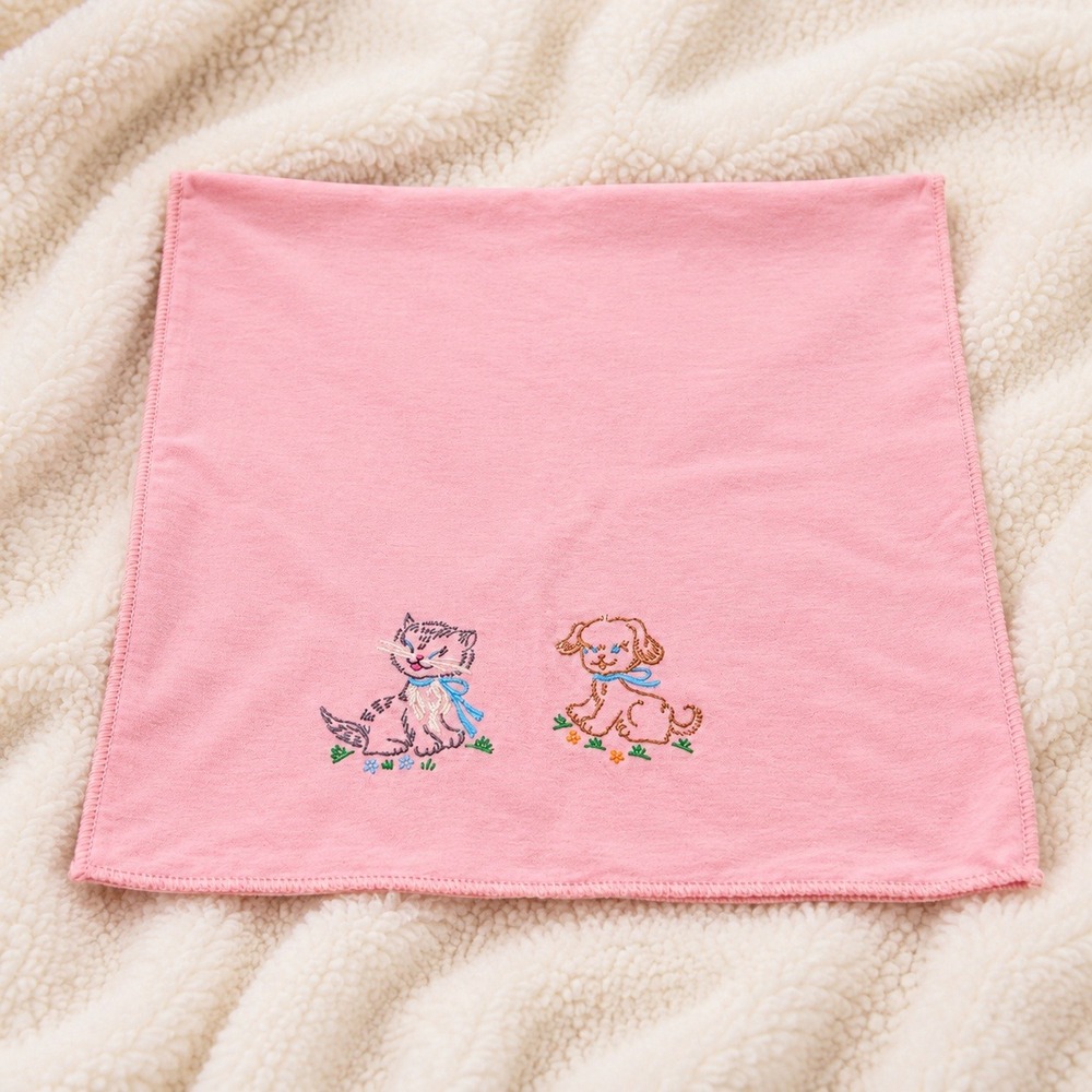 Vintage Pink Embroidered Tea Towel Kitten Puppy Kitchen Towel Linen MCM